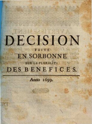 Decision faite en Sorbonne sur la pluralité des Benefices