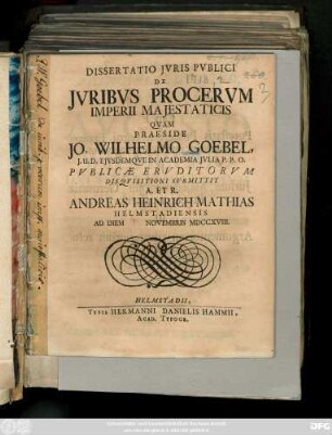 Dissertatio Jvris Pvblici De Jvribvs Procervm Imperii Majestaticis
