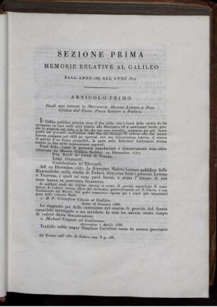 Sezione Prima. Memorie Relative al Galileo.