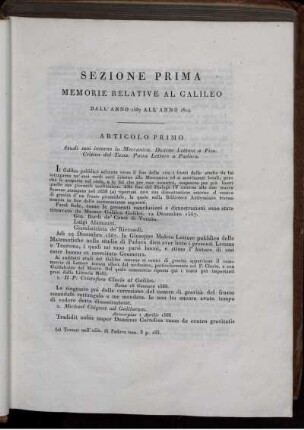 Sezione Prima. Memorie Relative al Galileo.