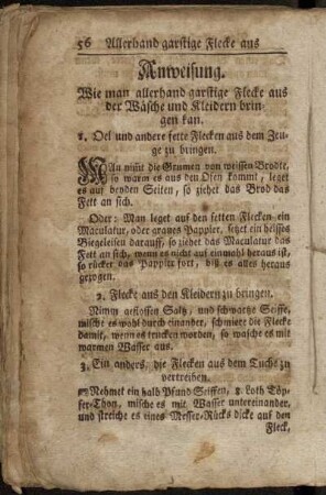Anweisung.. Wie man allerhand garstige Flecke aus der Wäsche und Kleidern bingen kan.