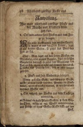 Anweisung.. Wie man allerhand garstige Flecke aus der Wäsche und Kleidern bingen kan.