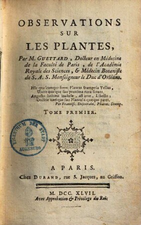 Observations sur les plantes, 1. (1747). - XLIII, 302 S. : Ill.
