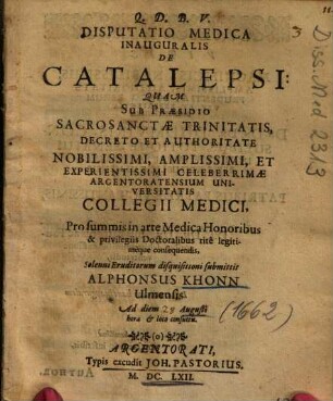 Disputatio Medica Inauguralis De Catalepsi