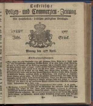 17tes Stueck, Montag den 28ten April. 1788