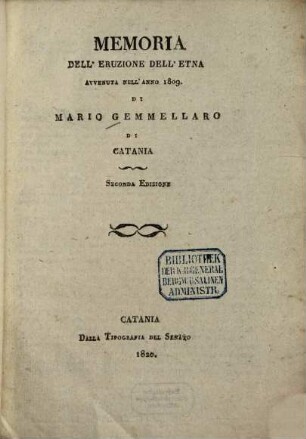 Memoria dell'eruzione dell'Etna avvenuta nell'anno 1809