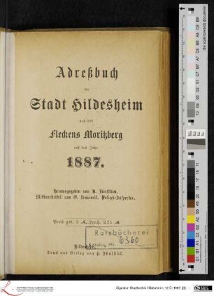 Adreßbuch der Stadt Hildesheim und des Fleckens Moritzberg auf das Jahr 1887.