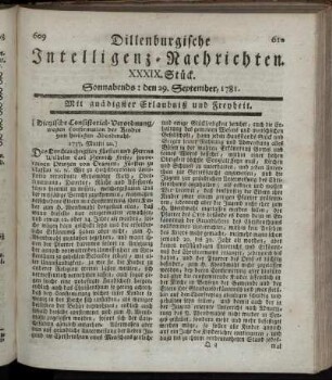 XXXIX. Stück. Sonnabends: den 29. September 1781.