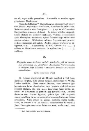 IX. Magnifico viro, doctrina, virtute, prudentia, fide et autoritate praestanti D. Bonifacio Amerbachio Jurisconsulto, et inclytae Reip. Viennen* advocato: Domino ac Patrono colendissimo.