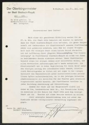 Brief von Johannes Handschuhmacher an Gerhart Hauptmann