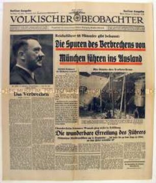 Titelblatt der NS-Tageszeitung "Völkischer Beobachter" zum Attentat auf Hitler im Münchener Bürgerbräukeller