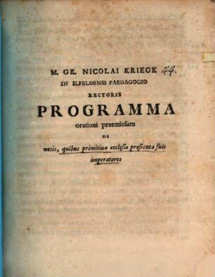 Programma, orationi praemissum de votis, quibus primitiva ecclesia prosecuta fuit imperatores