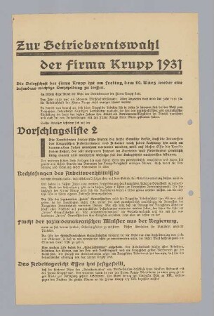 "Zur Betriebsratswahl der Firma Krupp 1931"