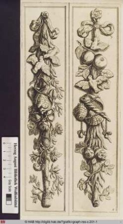 Zwei Festons mit Taubenpaar, Blüten, Früchten, Schleifen, Rosen, Muscheln und Schneckengehäusen.