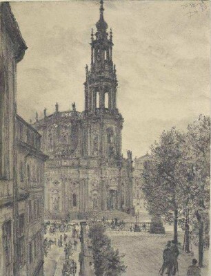 Blick von der Brühlschen Terrasse auf die katholische Hofkirche in Dresden