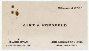 Visitenkarte von Kurt A. Kornfeld, Black Star, Strand Palace Hotel, London an Erich Salomon