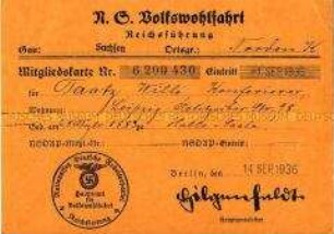 Mitgliedskarte der N.S. Volkswohlfahrt von Willi Taatz