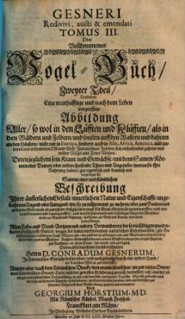 Gesnerus Redivivus auctus & emendatus, 3. Gesneri redivivi aucti & emendati ... oder vollkommenes Vogel-Buch, 2. Th.