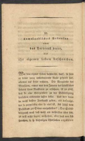 XI. Unmaßgebliches Bedenken über das Verdienst derer, die ihr eigenes Leben beschreiben
