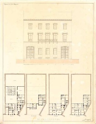 Moninger, Johann; Wohnhaus-Entwurf - Grundriss EG, Grundriss Zwischengeschoss, Grundriss 1. OG, Grundriss 2. OG, Aufriss