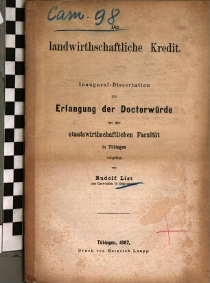 Der landwirthschaftliche Kredit : Inaug. Diss.