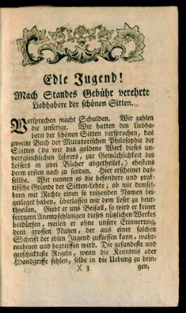 Edle Jugend! Nach Standes Gebühr verehrte Liebhabere der schönen Sitten