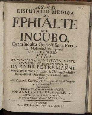 Disputatio Medica De Ephialte Seu Incubo