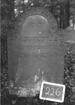 Grabstein 226 (Index: 99894719) Material: Sandstein Zustand: gut Maße HxBxT: 104x57x7 cm Beschreibung: Stele mit eingezogenem Rundbogenabschluss: Grabstein 226 (1)
