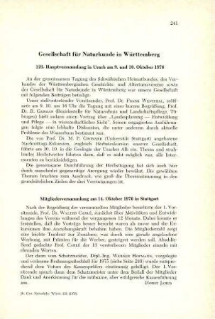 Bericht der Gesellschaft für Naturkunde in Württemberg (123. Hauptversammlung 1976, Mitgliederversammlung 1976, Veranstaltungen 1975, Rechnungsabschluß 1975, Mitgliederverzeichnis 1976)