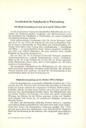 Bericht der Gesellschaft für Naturkunde in Württemberg (123. Hauptversammlung 1976, Mitgliederversammlung 1976, Veranstaltungen 1975, Rechnungsabschluß 1975, Mitgliederverzeichnis 1976)