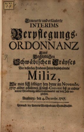 Interims Verpfleg-Ordonnanz des Schwäbischen Kreises für dessen ...Miliz