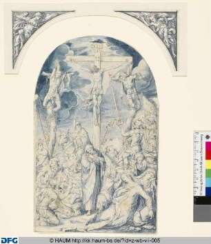 Kreuzigung (Kalvarienberg), mit durchbrechender Sonne über Christus und zwei Zwickeln mit Engeln