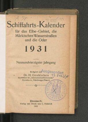 49.1931: Schiffahrts-Kalender für das Elbe-Gebiet und die Märkischen Wasserstrassen