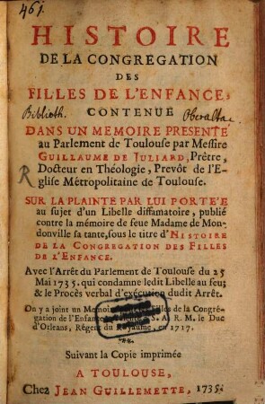 Histoire de la Congregation des filles de l'Enfance ...