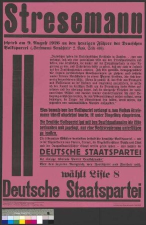 Wahlplakat der Deutschen Staatspartei (DStP) zur Reichstagswahl am 31. Juli 1932