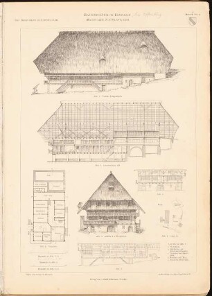 Bauernhaus, Einbach: Grundriss, Ansicht von der Längseite, Längsschnitt, Details (aus: Das Bauernhaus im Deutschen Reiche und seinen Grenzgebieten, hrsg.v. Verbande Deutscher Architekten-und Ingenieurvereine, 1906)