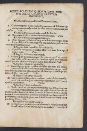 Angeli Policiani Quedam Familiares Epistolae Ad Viros Illustres Incipiunt.
