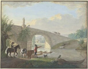 Viehherde mit zwei Hirten, bei einer Steinbrücke durch das Wasser schwimmend