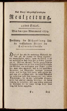 45tes Stück. Wien den 13ten Wintermonat 1773.