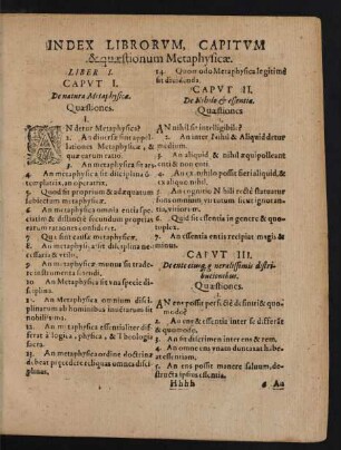 Index Librorum, Capitum & quaestionum Metaphysicae.