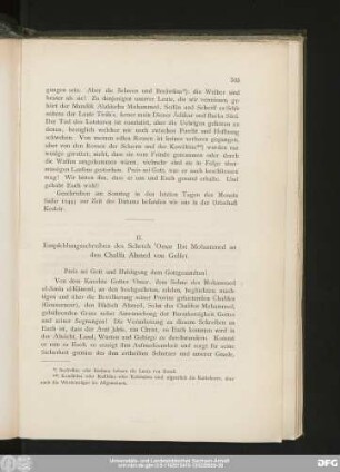 II. Empfehlungsschreiben des Scheïch 'Omar Ibn Mohammed an den Chalîfa Ahmed von Gulfeï.