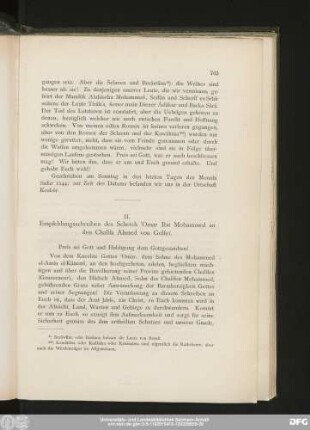 II. Empfehlungsschreiben des Scheïch 'Omar Ibn Mohammed an den Chalîfa Ahmed von Gulfeï.