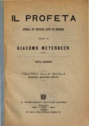 Il profeta : opera in cinque atti ; Teatro alla Scala, carnevale - quaresima 1874-75