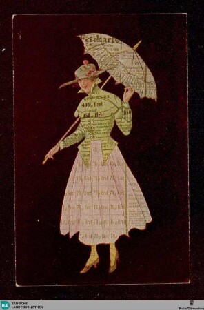 [Frau mit Kleid und Schirm aus Lebensmittelmarken]