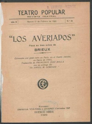 2.1920=Nr. 16: "Los averiados" : pieza en tres actos