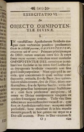 Exercitatio VI. De Objecto Omnipotentiæ Divinæ.