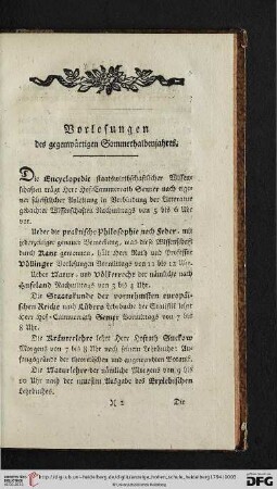 Vorlesungen des gegenwärtigen Sommerhalbenjahres