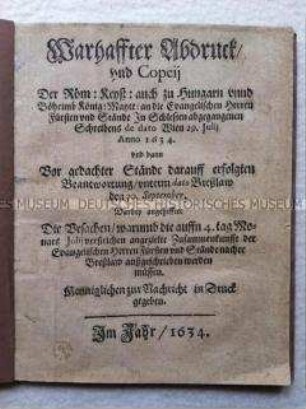 Schreiben des Kaisers an die Protestantische Union 1634