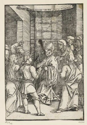 Christus vor Kaiphas, aus: Ulrich Pinder, Speculum passionis domini nostri Jesu christi, Nürnberg 1519, S. XXVI verso