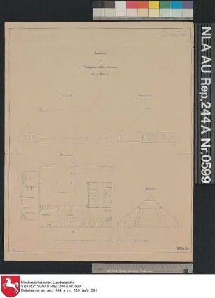 Seitenansicht, Giebelansicht, Grundriß und Profil vom Platzgebäude Ost Harsweg in HARSWEG Zeichnung von Steffen Papier Format 37,0x45,4 M 1:212